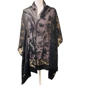 Vintage Simply Style Sheer Black Floral Butterfly Wrap or Scarf